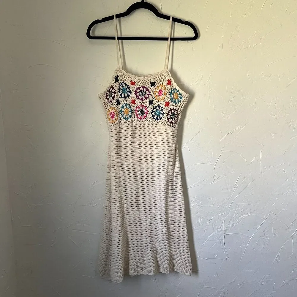 Cottagecore Mossimo Crochet Knit Midi Dress Boho Granny Square Festival Summer L